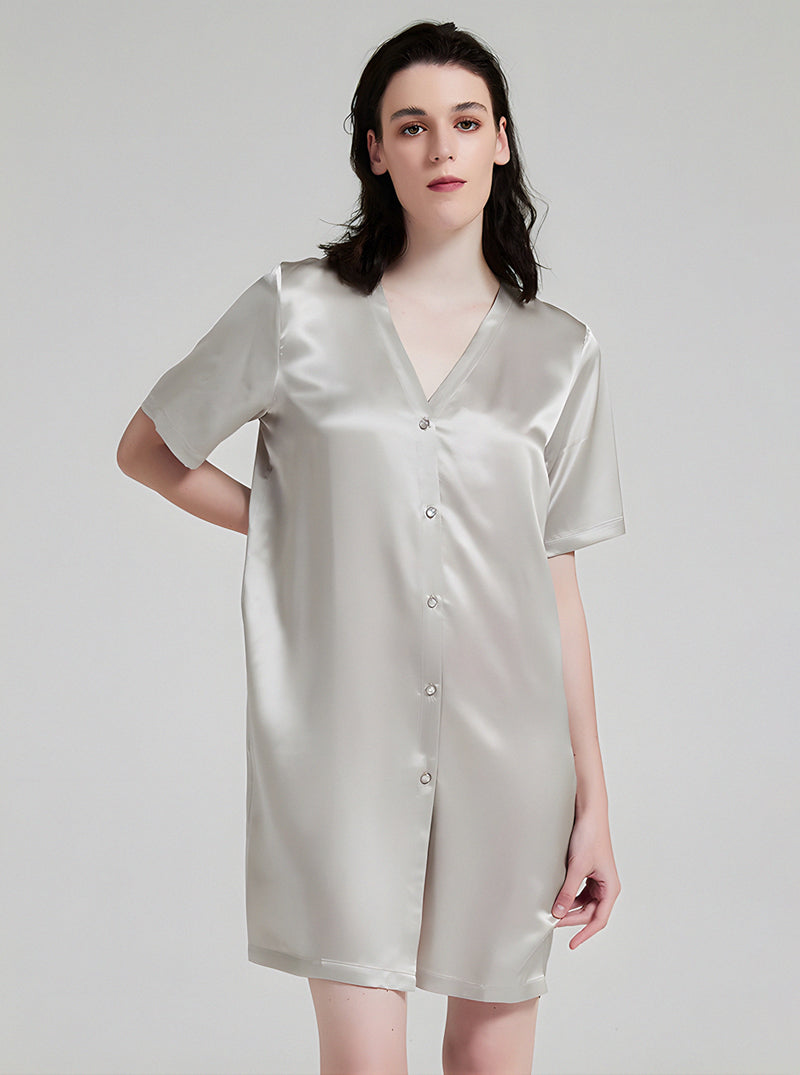 Senior Grey 19 Momme Silk Female V-Neck Summer Loose Casual Comfortable Short Sleeve Shirt Nightdress