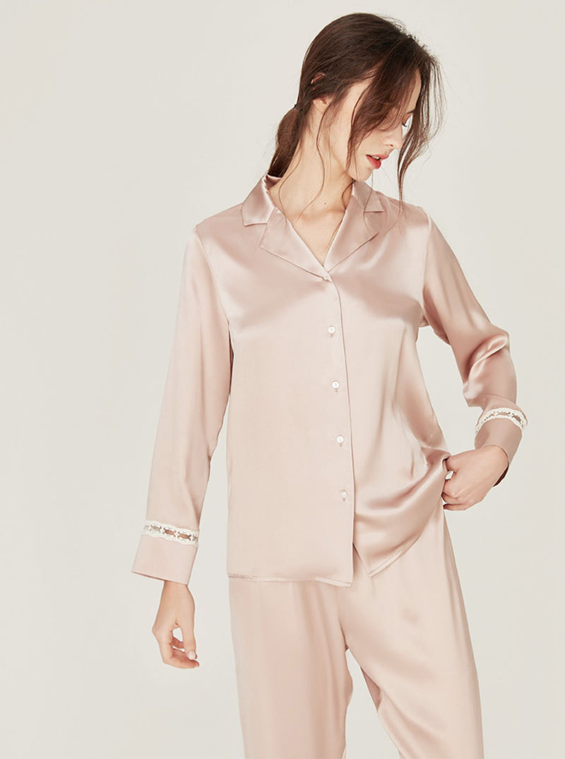 Spring Autumn Female Advanced Sense Silk Matching Pajamas Lapel Cute Hollow Lace Long Sleeve Two-Piece Set
