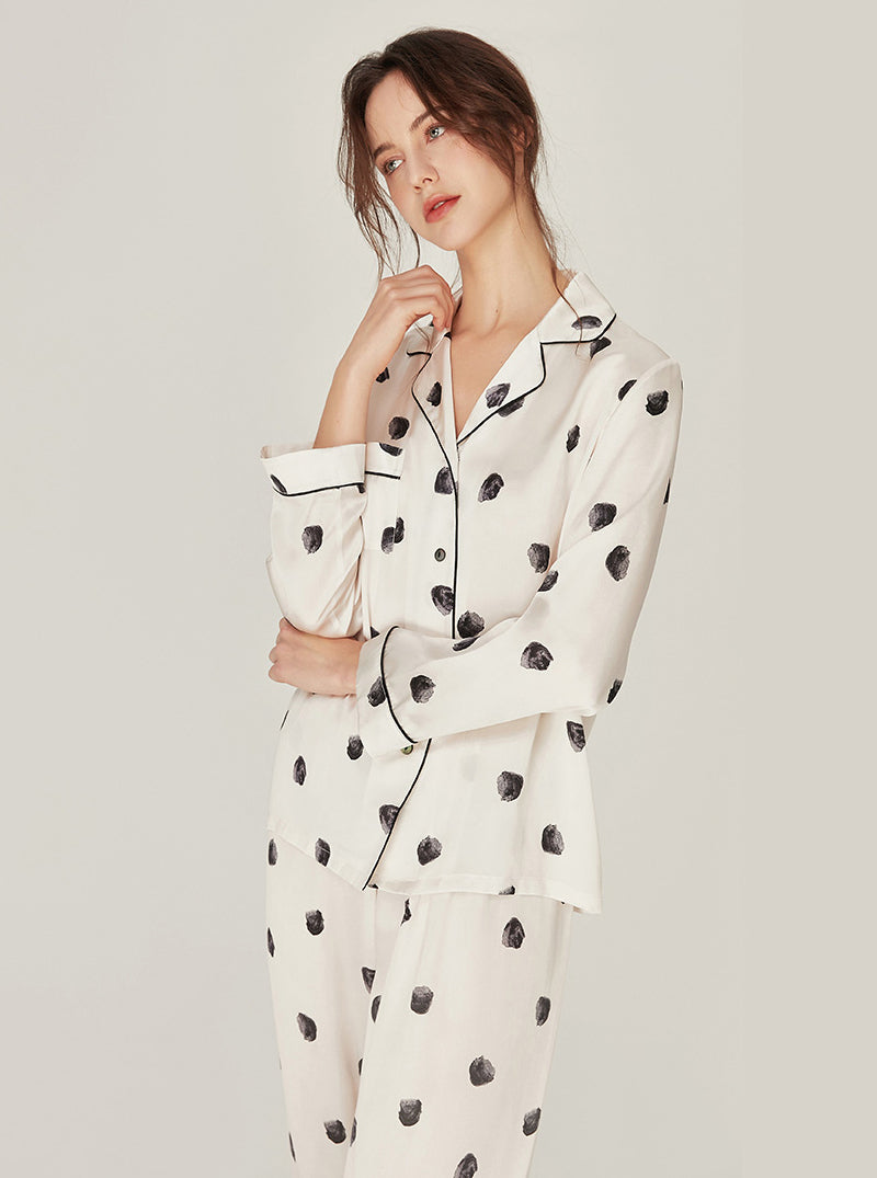 Silk Female Spring Autumn Matching Pajamas Black Polka Dot Milk White Lapel Long Sleeve Two-Piece Set