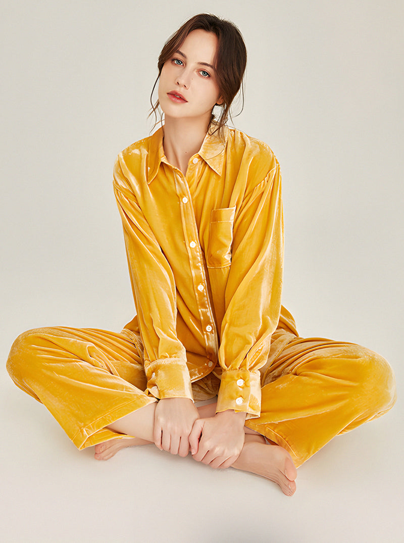 Velvet Multicolor Female Autumn And Winter Shirt Collar High Fashion Warm Chic Retro Long Sleeve Pajamas Two Piece Set