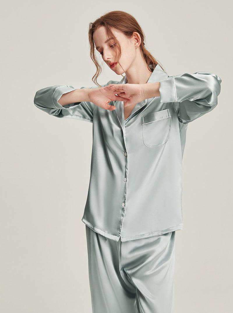 22 Momme Silk Summer Female Fashion Small Lapel Simple Soft Comfortable Youthful Temperament Various Colors Classic Long Sleeve Two-Piece Pajamas