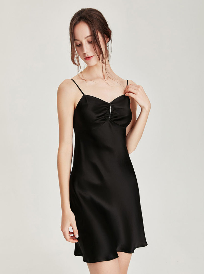 Summer Pure Color Silk Sexy Fold Design V Collar Sling Thin Short Nightdress Female