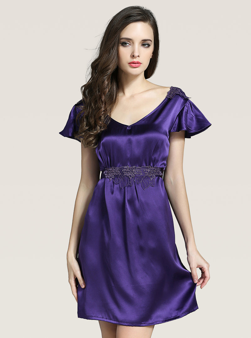 Lotus Leaf Lace Silk Spring And Summer Female V-Neck Intellectual Beautiful Elegant Embroidered Belt Can Be Tied Solid Color Short-Sleeved Nightdress