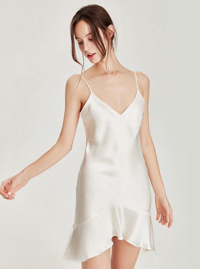 Summer Silk Pure Color Simplicity Sexy V Collar Splicing Irregular A-shaped Big Hem Sling Short Nightdress