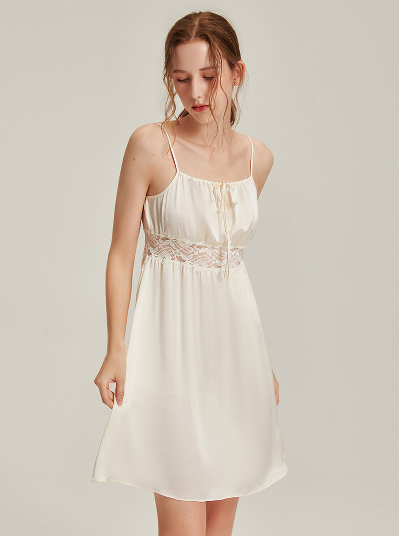 19 Momme Summer Female One-Word Collar Hollow Lace Palace Style Retro Fresh Sweet Elegant Sexy High Waist Neck Drawstring Beige Sling Nightdress