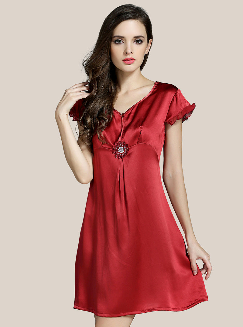 Silk Summer Female V-Neck Ruffled Lace Sexy And Comfortable A-Line Skirt Solid Color Short-Sleeved Nightdress