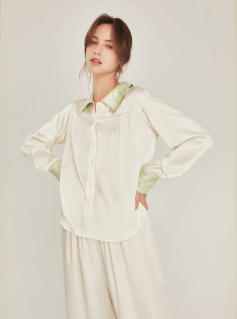 Spring Autumn Female Silk Matching Pajamas Milk White Splicing Fruit Green Shirt Collar Long Sleeve Two-Piece Set