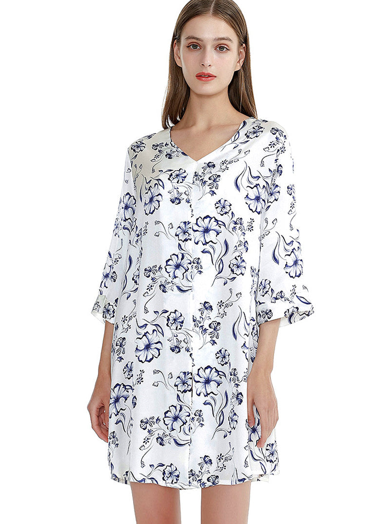Silk Multicolor Summer Female V-Neck Sexy Casual Simple Solid Color Printed Mid-Sleeve Nightdress