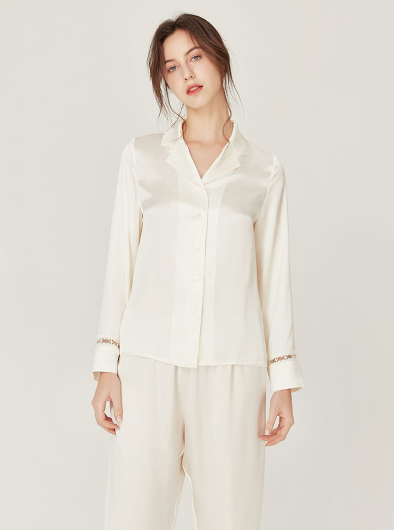 Spring Autumn Female Advanced Sense Silk Matching Pajamas Lapel Cute Hollow Lace Long Sleeve Two-Piece Set
