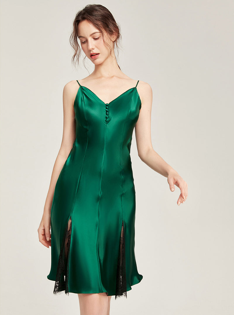 19 Momme Silk Multi-Buttons V Collar Splicing Lace Slit Hem Sexy Sling Nightdress Summer Female