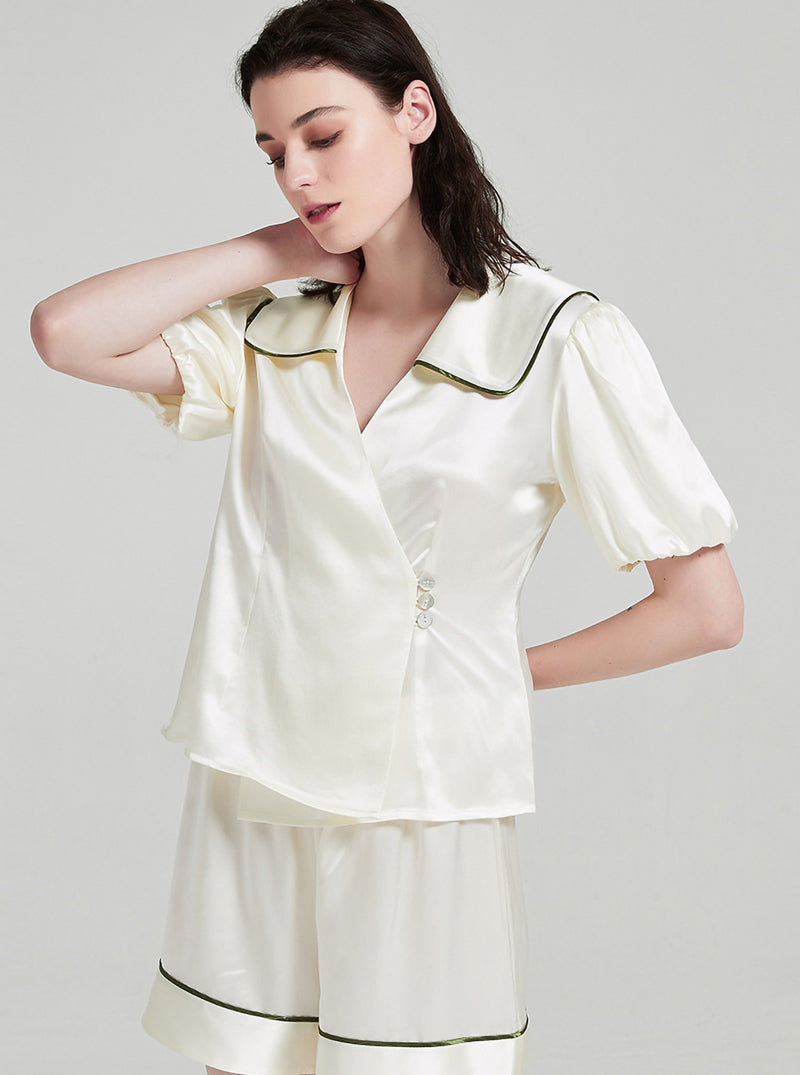 19 Momme Summer Female V-Neck Puff Sleeves Cute Sweet Casual White Short-Sleeved Shorts Two-Piece Set