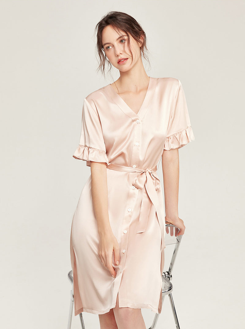 Female Summer 19 Momme Pure Color Silk Buttons V Collar Split Hem Ruffle Short Sleeve Medium Length Night-Robe