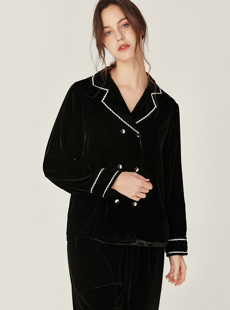 Autumn Winter Black Velvet Matching Pajamas Female Silk Double Breasted Can Be Worn Outdoors Lapel Long Sleeve Two-Piece Set