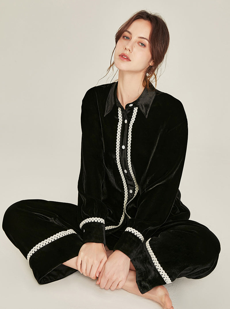 Autumn Winter Warm Mulberry Silk Velvet Matching Pajamas Female Lazy Sense Can Be Worn Outdoors Lapel Lace Design Long Sleeve Two-Piece Set