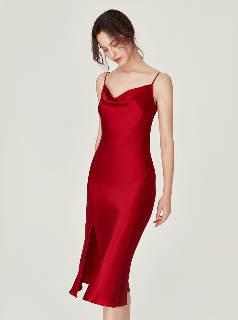 Simplicity Pure Color Silk Cowl-neck Elegant Sexy Split Hem Medium Length Slim Sling Nightdress