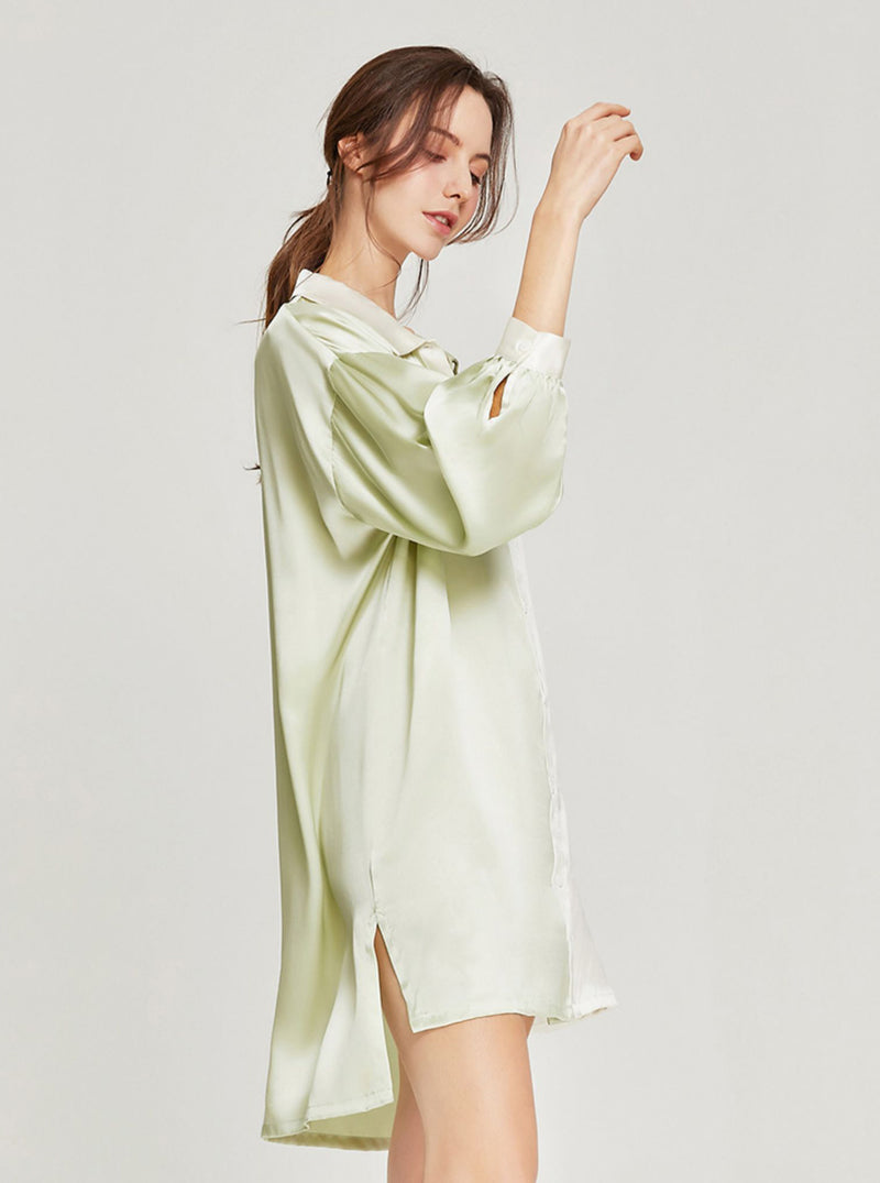 White Green Splicing Slit Hem Loose Sexy Boyfriend Style Long Sleeve Silk Summer Shirt Nightdress Female