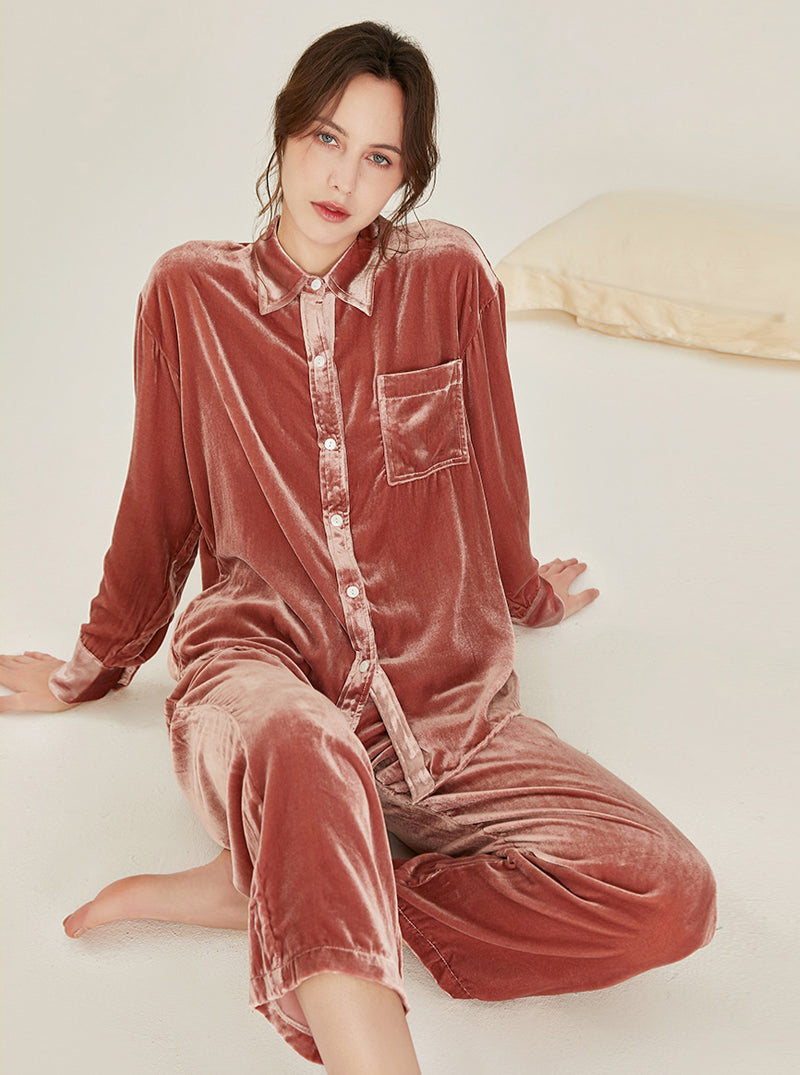 Velvet Multicolor Female Autumn And Winter Shirt Collar High Fashion Warm Chic Retro Long Sleeve Pajamas Two Piece Set