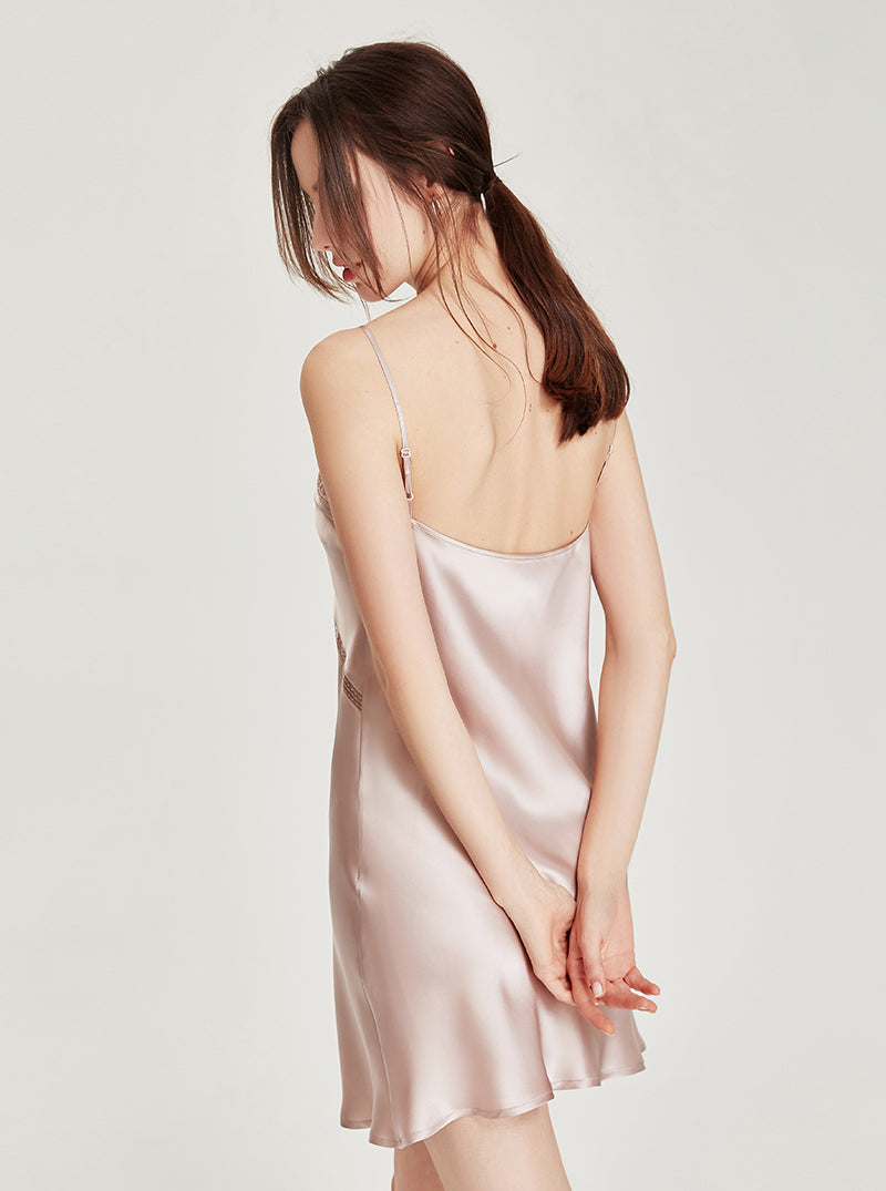 Gray-Pink Temperament Silk Summer Sexy Hollow Lace V Collar Backless Sling Short Nightdress Female