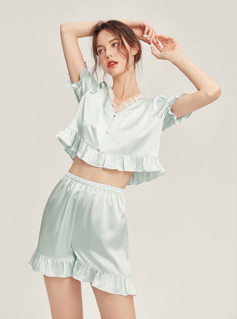 Silk Summer Female Lace V-Neck Ruffle Hem Elegant Simple Romance Gentle Sweet Comfort Sexy Youth Solid Color Short Sleeve Two-Piece Pajamas