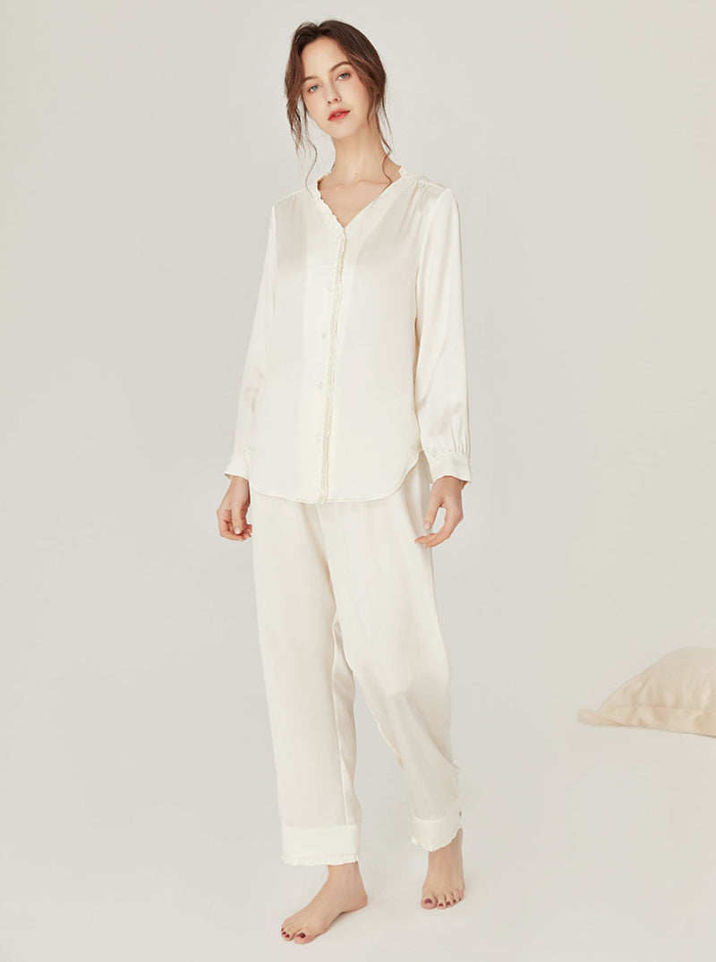 Female Spring Summer Silk Matching Pajamas Sweet Ruffle V Collar Circular Arc Hem Long Sleeve Advanced Sense Two-Piece Set