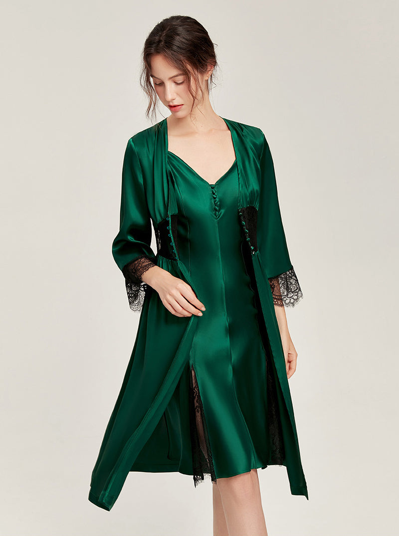 Silk Spring And Autumn Female V-Neck Waist Lace Long-Sleeved Sexy High-End Retro Elegant French Solid Color Pajamas