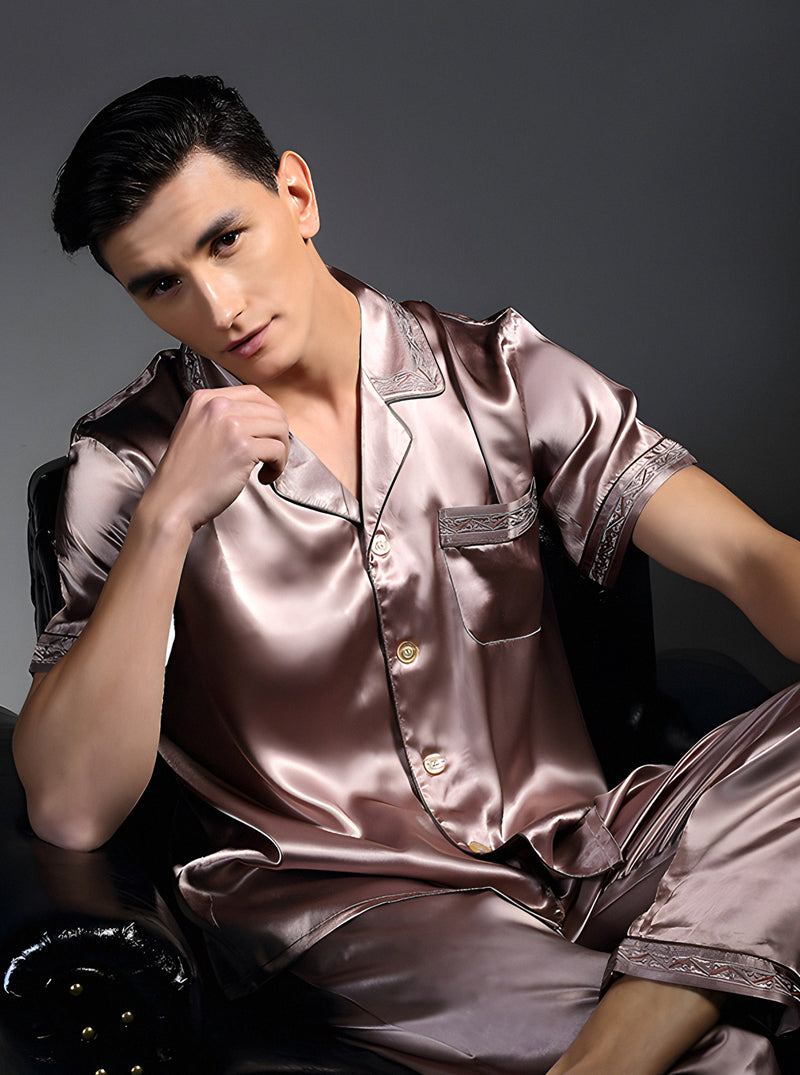 Silk Summer Male Lapel Advanced Temperament Solid Color Short-Sleeved Trousers Two-Piece Pajamas