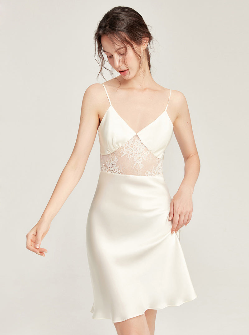 Summer 19 Momme Silk Female V Collar Sexy Waist Lace Hollow A-Line Hem Sling Nightdress