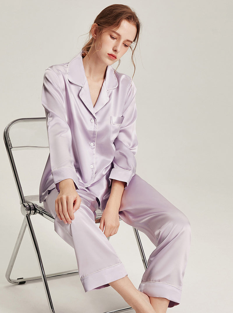 22 Momme Silk Summer Female Fashion Small Lapel Simple Soft Comfortable Youthful Temperament Various Colors Classic Long Sleeve Two-Piece Pajamas