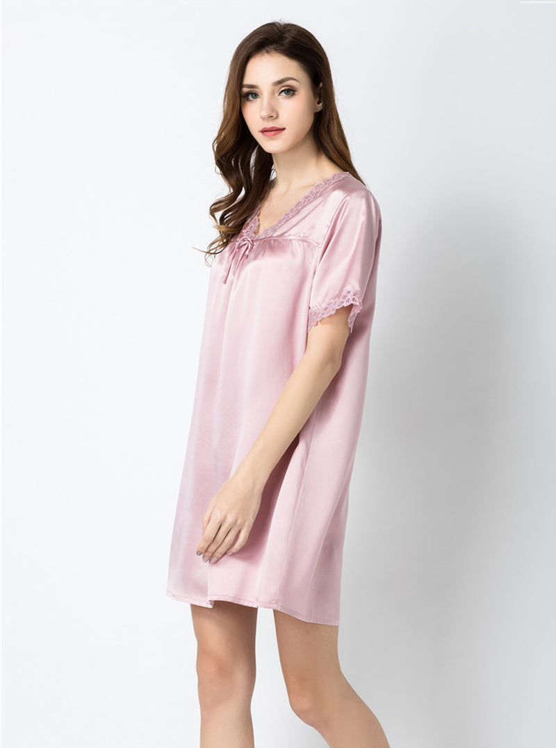 Summer Silk Ladies V-Neck Sexy Lace Elegant A-Line Pink Short-Sleeved Nightdress