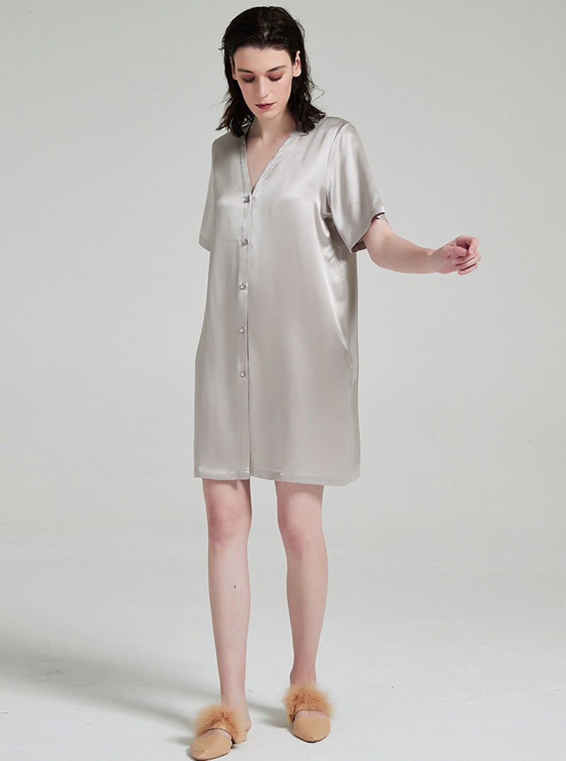 Senior Grey 19 Momme Silk Female V-Neck Summer Loose Casual Comfortable Short Sleeve Shirt Nightdress
