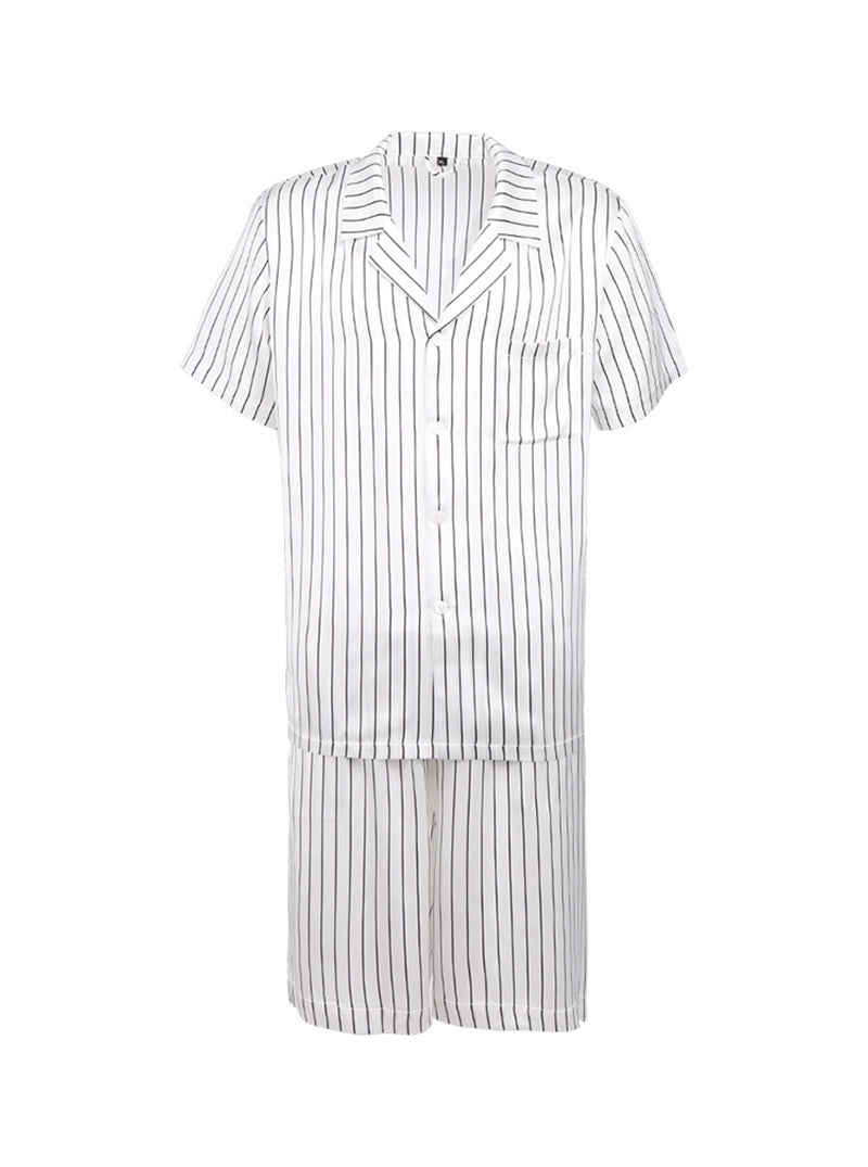 Male Summer 19 Momme Silk Shirt Collar Loose Temperament Black And White Striped Print Short-Sleeved Shorts Two-Piece Pajamas