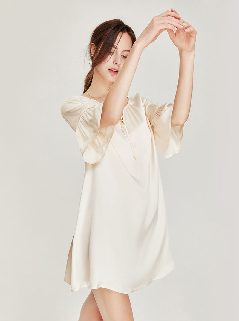 Summer Apricot Court Style Retro Silk Lace-up Small V Collar Ruffle Lantern Short Sleeve Short Loose Nightdress Female