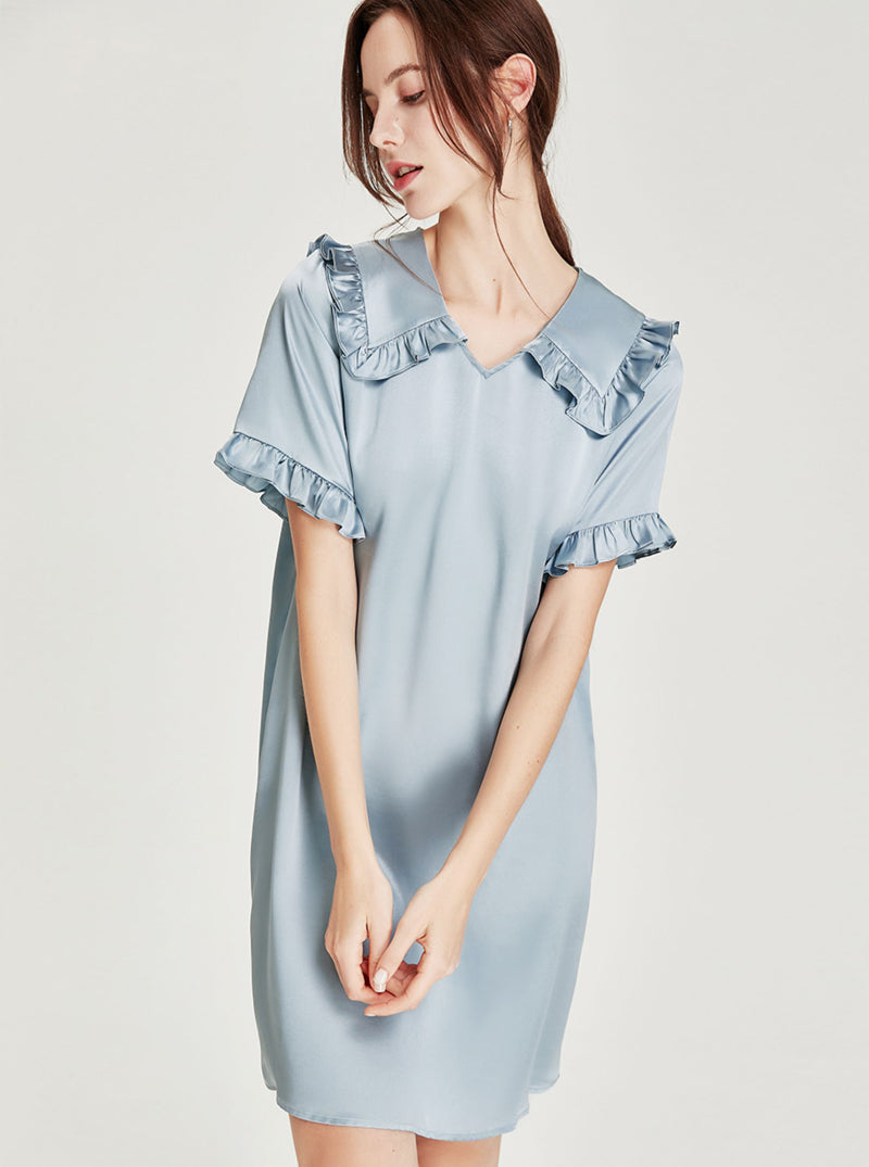 Summer Silk Female Haze Blue Cute Ruffle Splicing Lapel V-neck Short Sleeve Palace Style Shirt Nightdress