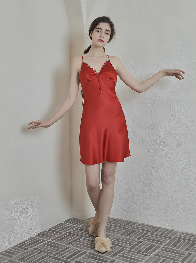 Solid Color Summer 19 Momme Female V Neck Retro Sexy Waist Waist Big Open Back Suspender Nightdress
