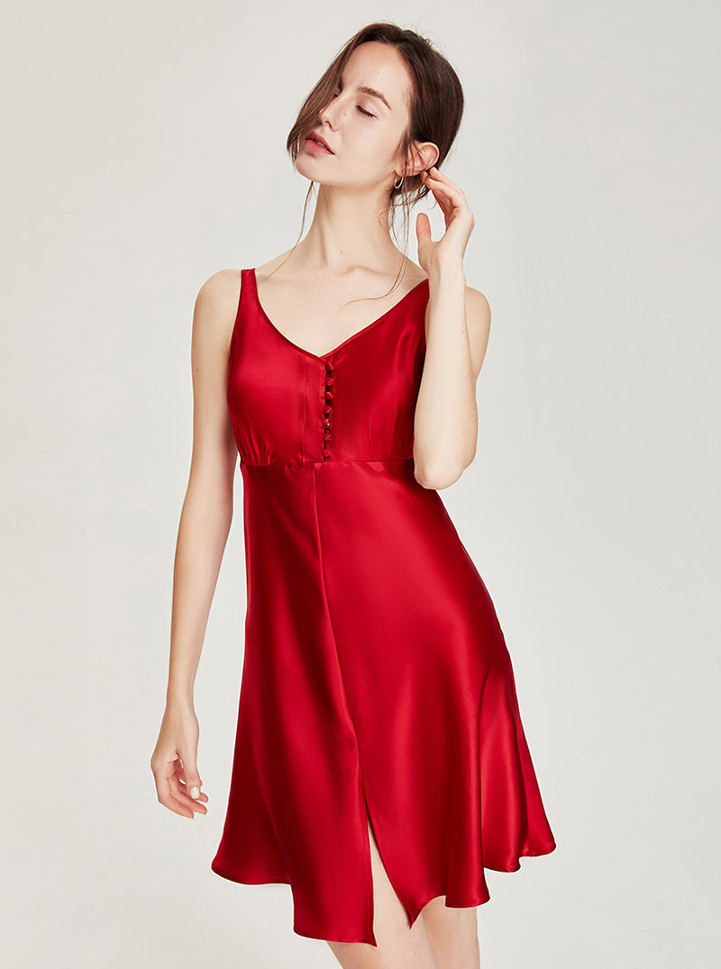 Summer Female Silk Small Buttons Decoration V Collar Slit Hem Comfortable Wide Sling Nightdress