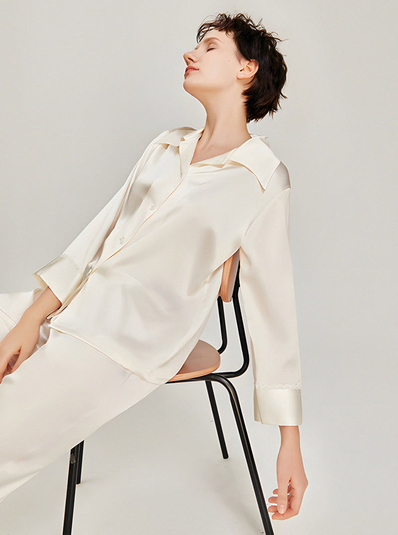 Silk Spring And Summer Ladies Shirt Collar Romantic Fashionable Small Lace Multi-Color Long-Sleeved Pajamas Two-Piece Set