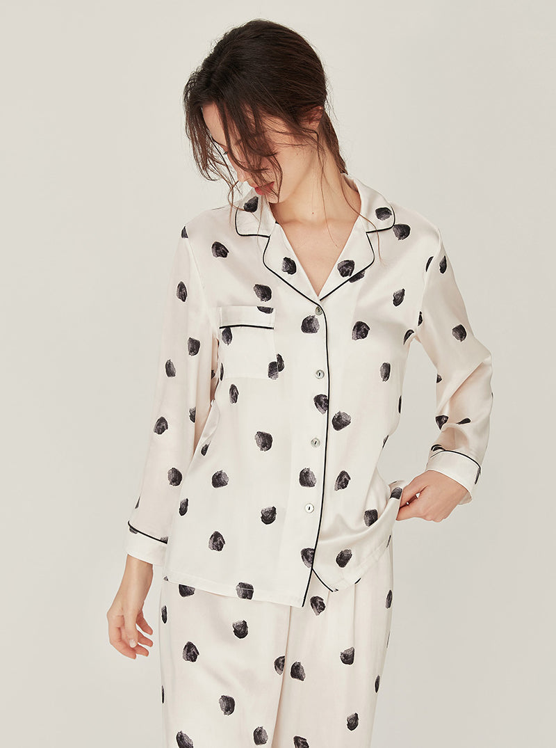 Silk Female Spring Autumn Matching Pajamas Black Polka Dot Milk White Lapel Long Sleeve Two-Piece Set