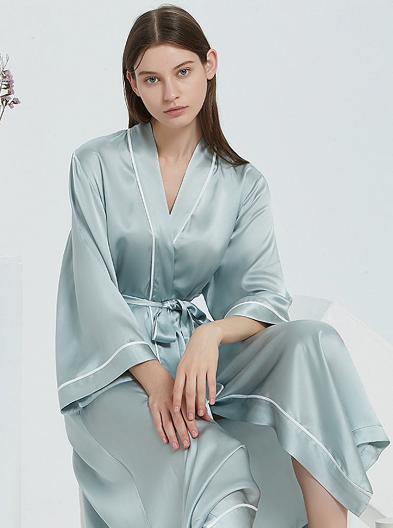 Plain Crepe Satin Spring And Autumn Female Loose Casual Breathable Belt Mint Green Long Nightgown