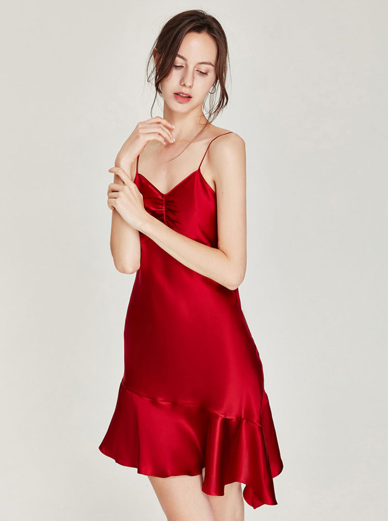 Summer Female Silk Sexy Elegant Fold Design V Collar Splicing Irregular A-Line Big Hem Slim Sling Nightdress