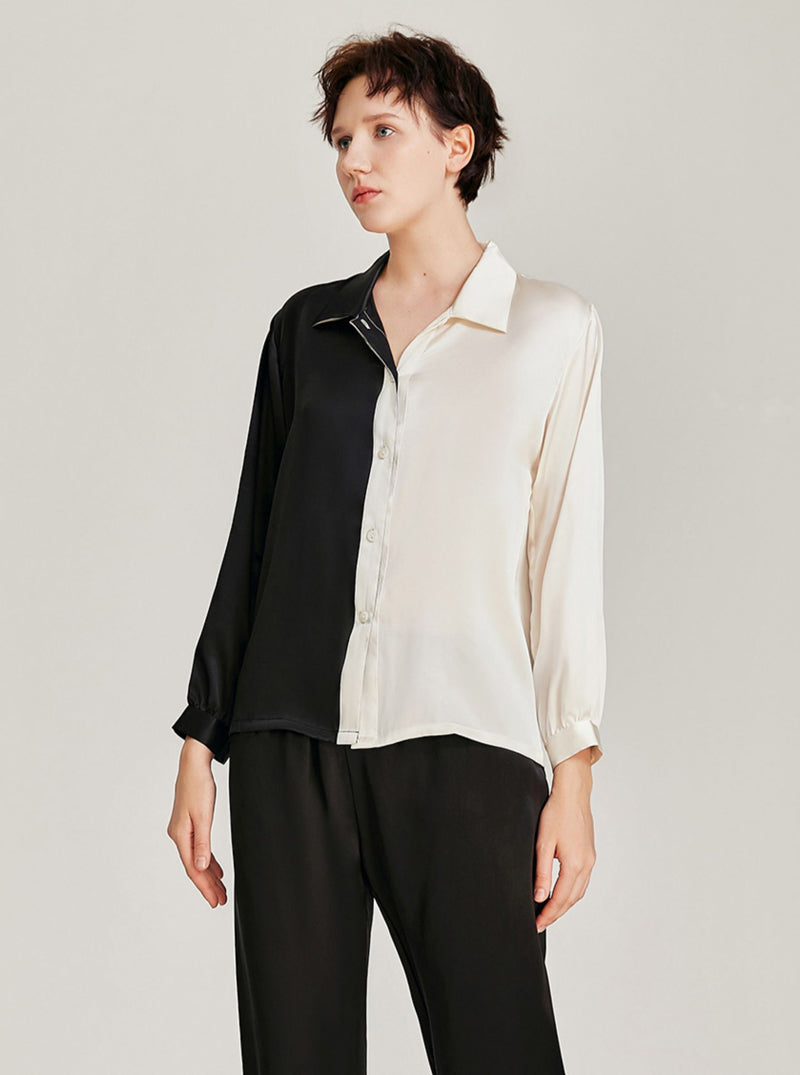 Spring Summer Female Shirt Style Silk Splicing Contrasting Color Matching Pajamas Comfortable Long Sleeve Two-Piece Set