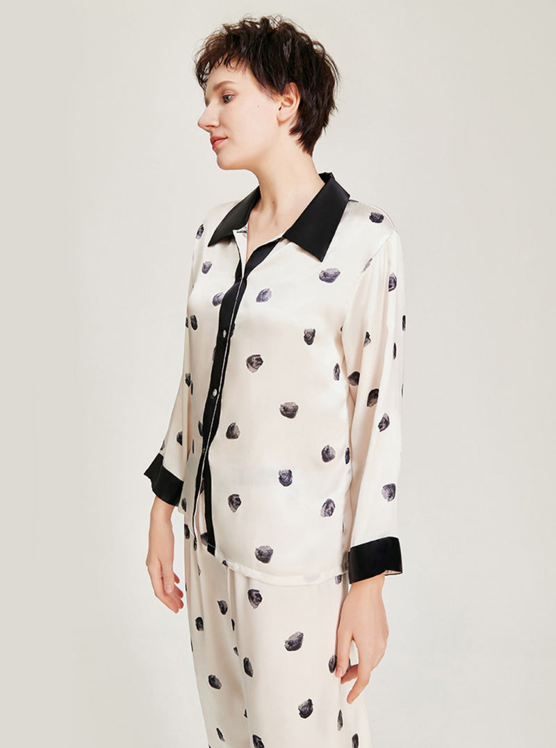 Black And White Polka Dot Pattern Silk Spring And Summer Female Low-Key Simple Retro Shirt Collar Long-Sleeved Pajamas Two-Piece Set