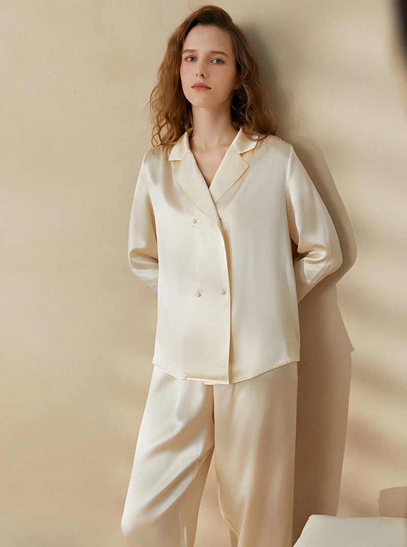 19 Momme Silk Summer Female Small Lapel Casual Temperament Loose Simple Pearl Double Breasted Beige Long Sleeve Two-Piece Pajamas