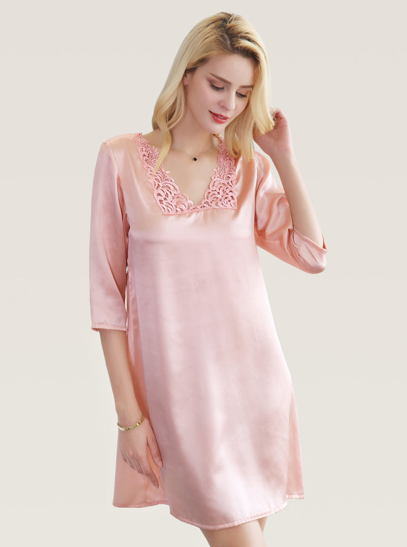 Summer Silk Female V-Neck Lace Simple Fashionable Generous Comfortable And Textured Slim Solid Color Sleeves Nightdress