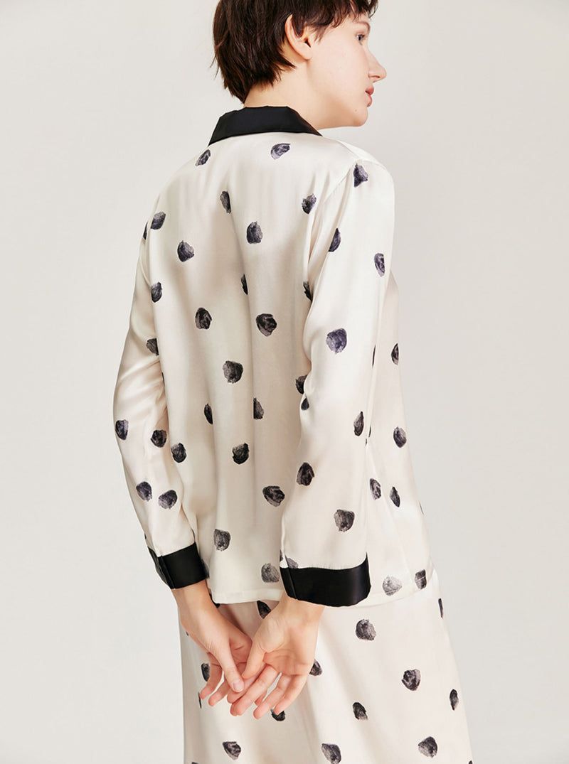 Black And White Polka Dot Pattern Silk Spring And Summer Female Low-Key Simple Retro Shirt Collar Long-Sleeved Pajamas Two-Piece Set