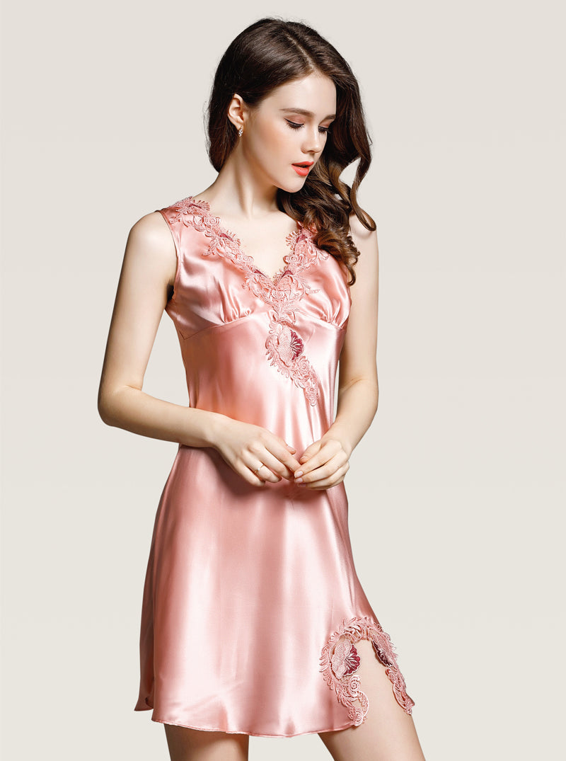 Embroidered Silk Female Summer Gorgeous Premium Sexy Hem Split Hollow Lace Solid Color V-Neck Nightdress