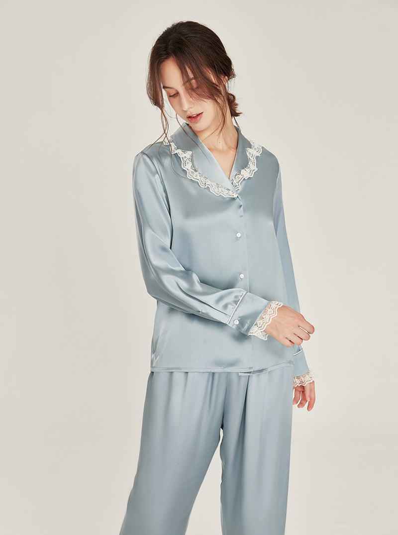 Silk Autumn Matching Pajamas Female Cute Ruffle Lace Lapel Collar Long Sleeve Advanced Sense Two-Piece Set