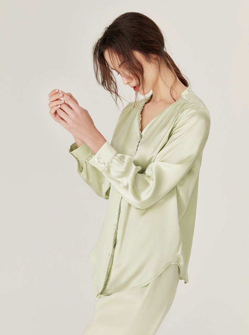 Female Spring Summer Silk Matching Pajamas Sweet Ruffle V Collar Circular Arc Hem Long Sleeve Advanced Sense Two-Piece Set