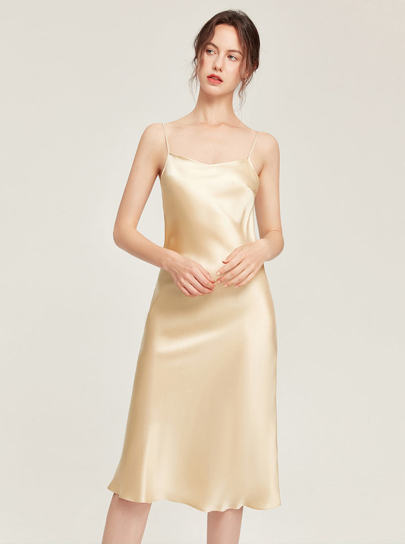 19 Momme Silk Summer Female Evening Dress Elegant Simplicity Pure Color Sling Long Nightdress