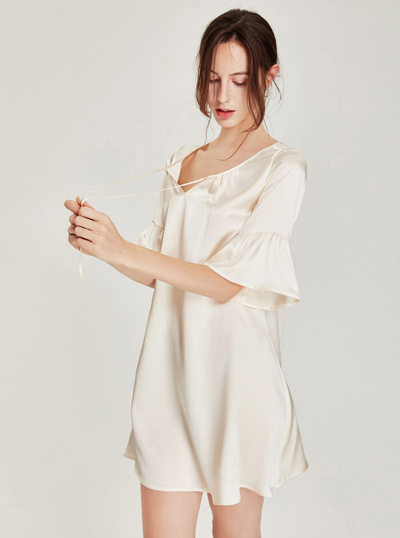 Summer Apricot Court Style Retro Silk Lace-up Small V Collar Ruffle Lantern Short Sleeve Short Loose Nightdress Female
