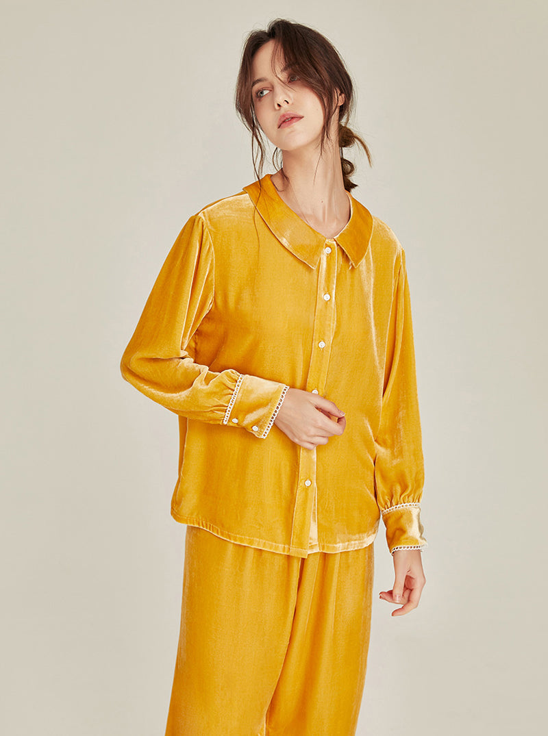 Autumn Winter Female Silk Velvet Matching Pajamas Simplicity Pure Color Cute Doll Collar Lace Edge Long Sleeve Two-Piece Set
